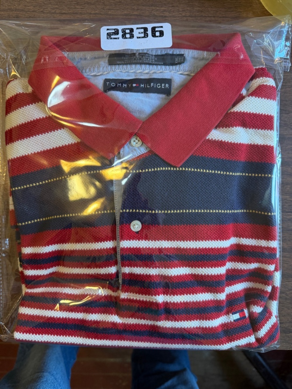 Tommy Hilfiger Red and Navy Woven Striped Polo - Picture 9 of 9